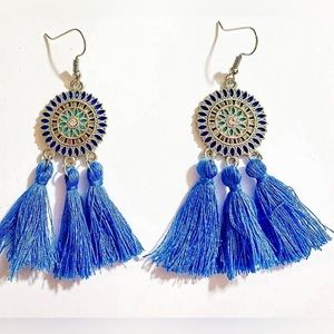 Blue Boho Tassel Dangle Earrings